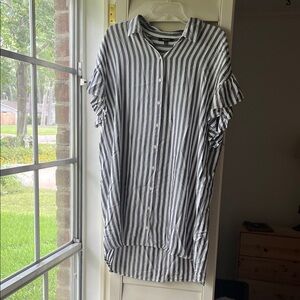 Women’s Madewell Grey and White Striped Shirt Dress Ruffle Sleeves Size XL